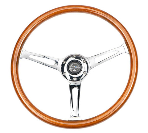 Classic Wood Grain Steering Wheel, 360mm, 3 spoke - Chrome Center